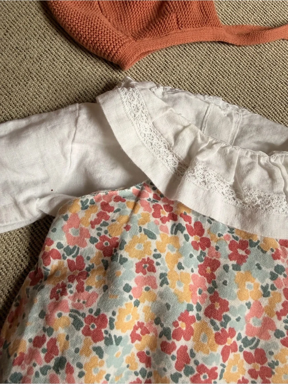 Baby Floral Romper with White Ruffled Collar and Coral Knit Bonnet